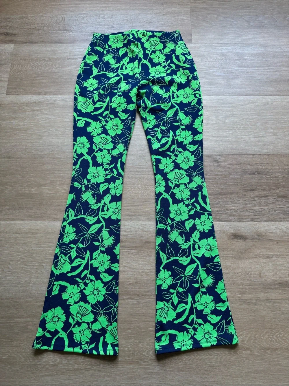 Zara Navy & Bright Green Floral High-Waist Flare Pants